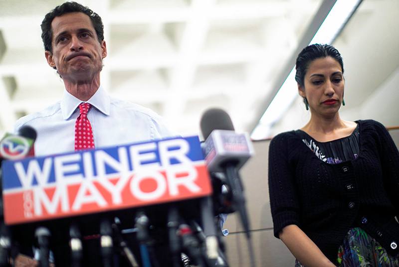 Anthony Weiner (left) and his Wife, Huma Abedin, addressing the second sexting scandal.