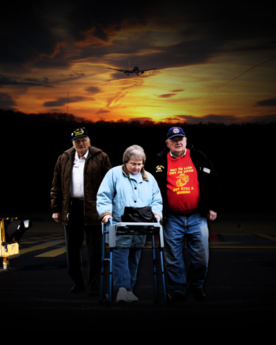A collage of two elderly white men and a white woman walking with a walker