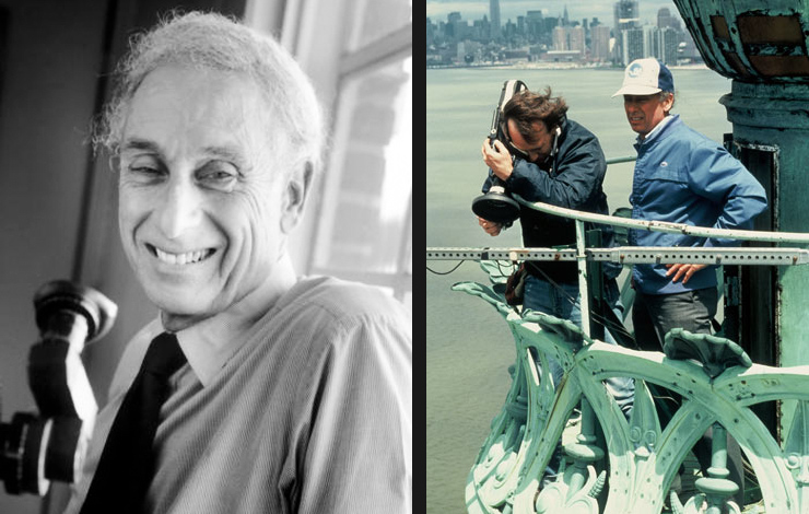 Left to right: Charles Guggenheim; Guggenheim shooting from the torch in <em>The Making of Liberty</em>, a film chronicling the restoration and history of the Statue of Liberty.