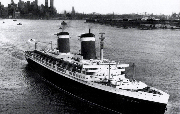 The SS United States heading outbound from New York City, 1953. From Washington, DC-based Rock Creek Productions' doc-in-progress on the ocean liner. Photo: The Steamship Historical Society of America