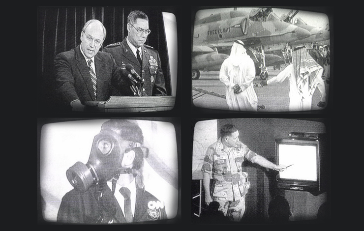 Four black and white T.V. screens, displaying images of a man in a gas mask and army men speaking to crowds. 