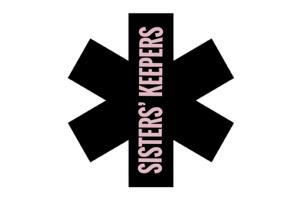 Black asterisk over white background with light purple vertical text across the asterisk that reads "Sisters' Keepers"