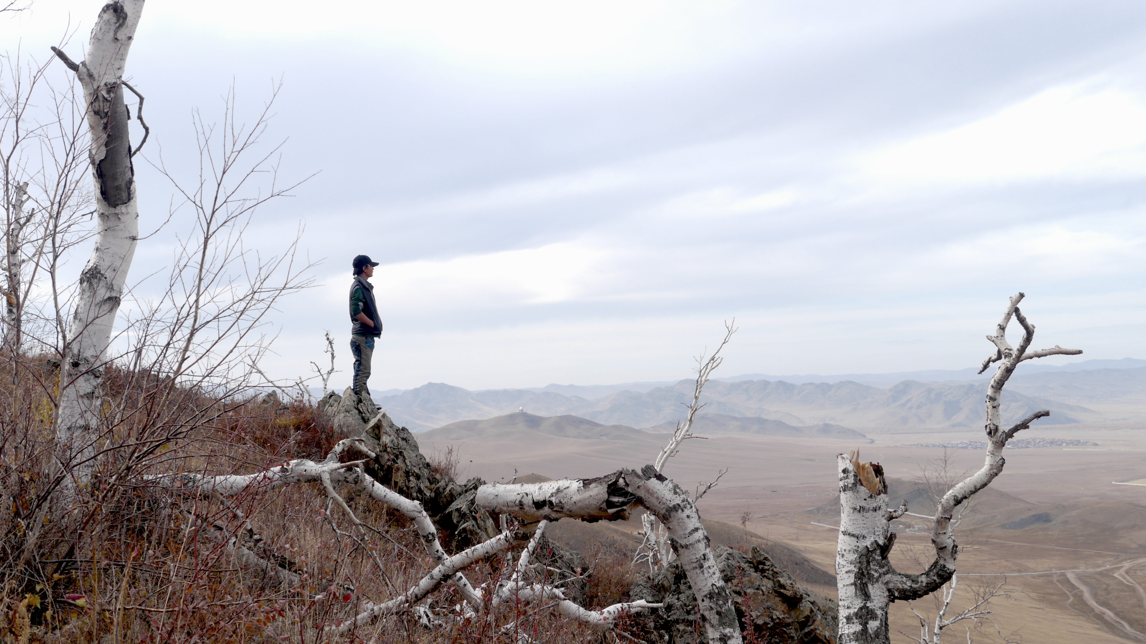 In the distance, a young man stands on the edge of a mountain and looks across a wintery valley.