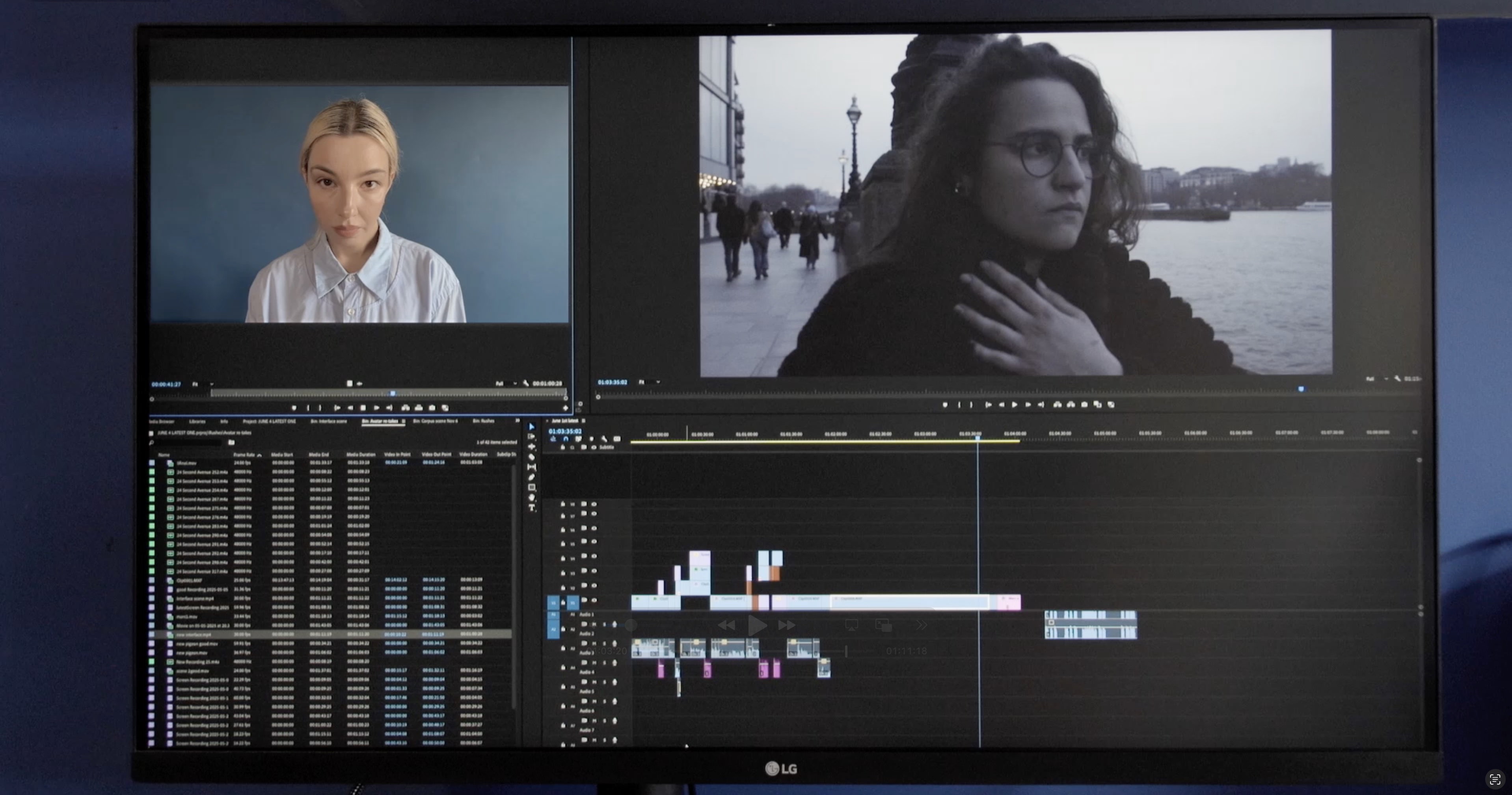 A monitor shows a film project being cut using editing software 
