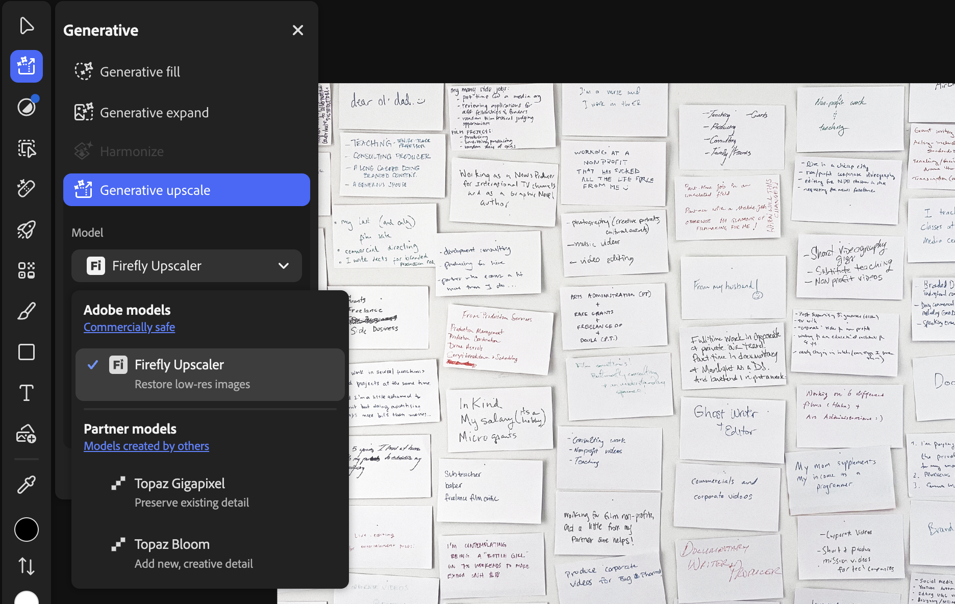Screenshot of a desktop menu for an Adobe AI product with headings that include "Generative Fill," "Generative Expand," and "Firefly Upscaler"