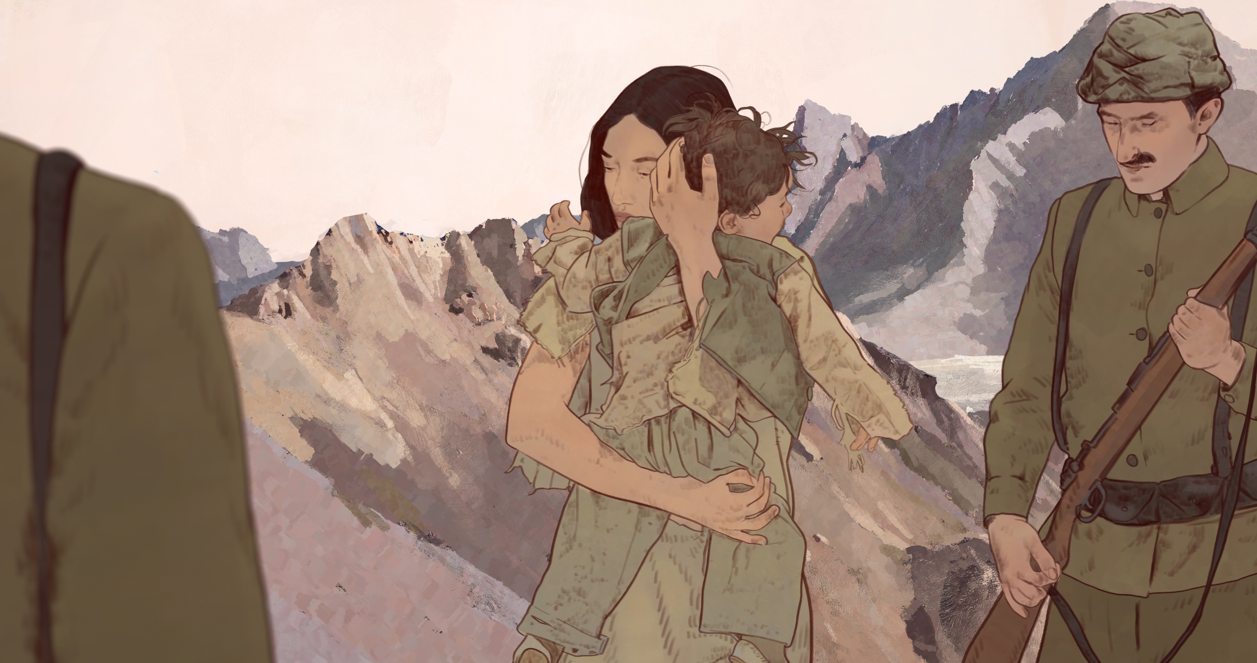 An illustration of a woman holding a child while soldiers stand nearby. From Inna Sahakyan's “Aurora’s Sunrise.” Photo courtesy of IDFA