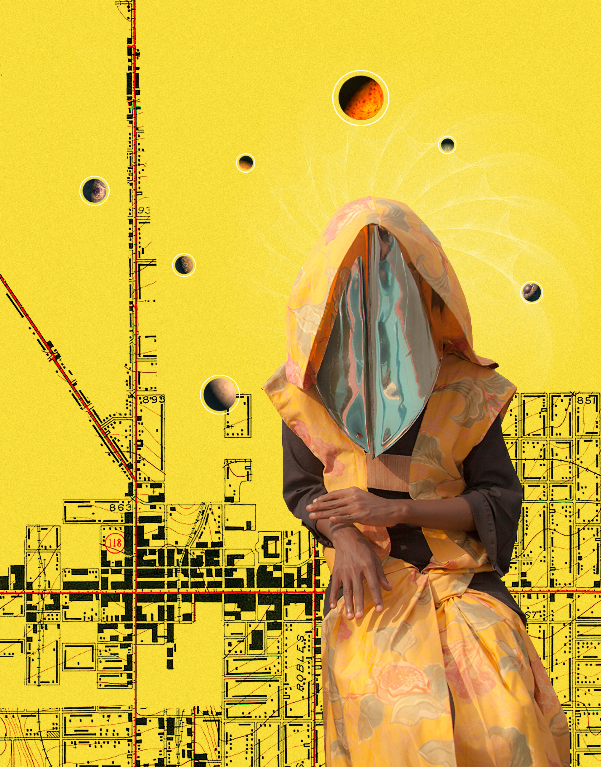A collage created by Helios Design Lab shows a hooded person in front of a yellow map backdrop. Photo courtesy of Marissa Jahn.