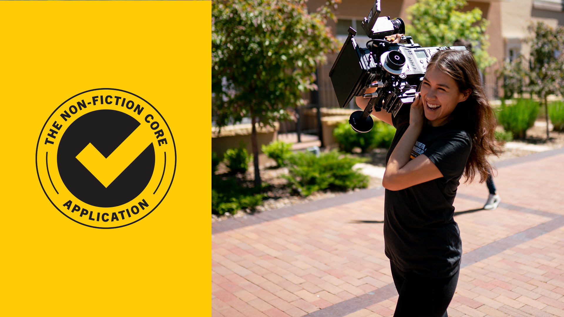 The Nonfiction Core Application: An image of a woman with brown skin holding a camera outdoors, courtesy of Sundance Institute.