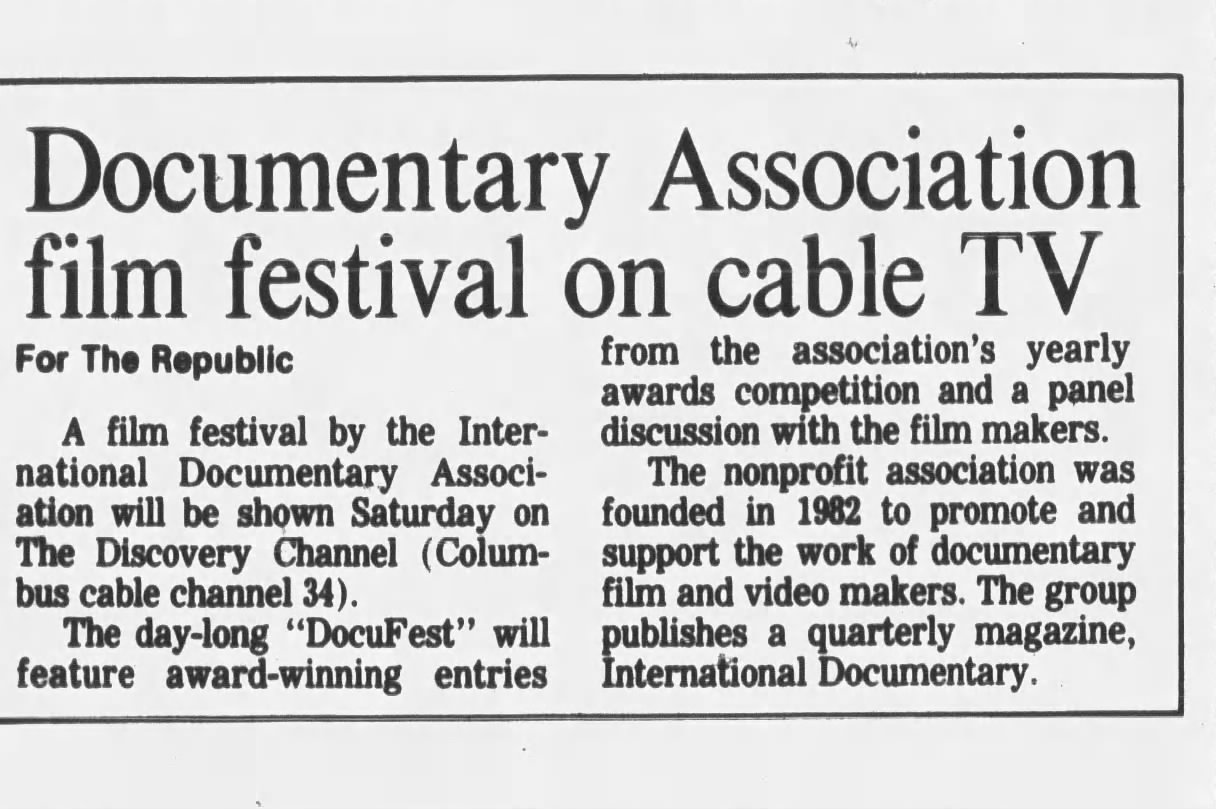 Newspaper clipping from 1989 headlined: "Documentary Association film festival on cable TV"