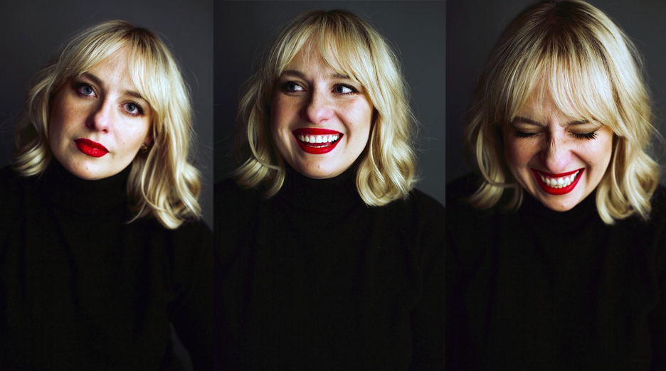 Three headshots of the same woman going diagonally. The woman is in her 30’s, wearing all black, red lipstick, and light blonde shoulder-length hair. In the first photo, she looks at the camera with a soft smile. In the second photo, she looks to the left and has a large smile. In the third photo, she tilts her head down and laughs with a big smile and eyes closed.