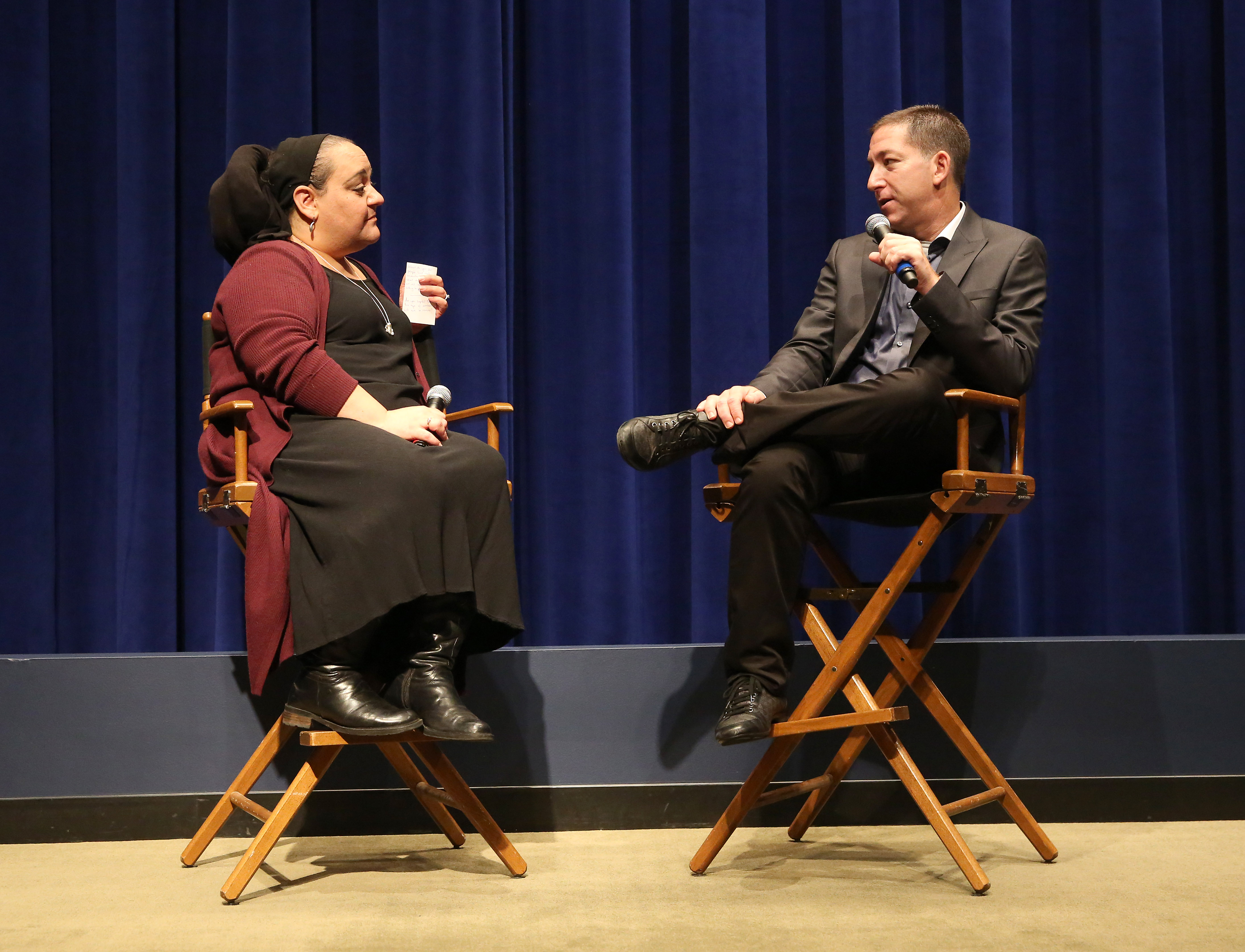 IDA Board President Marjan Safinia with Glenn Greenwald of 'Citizenfour'