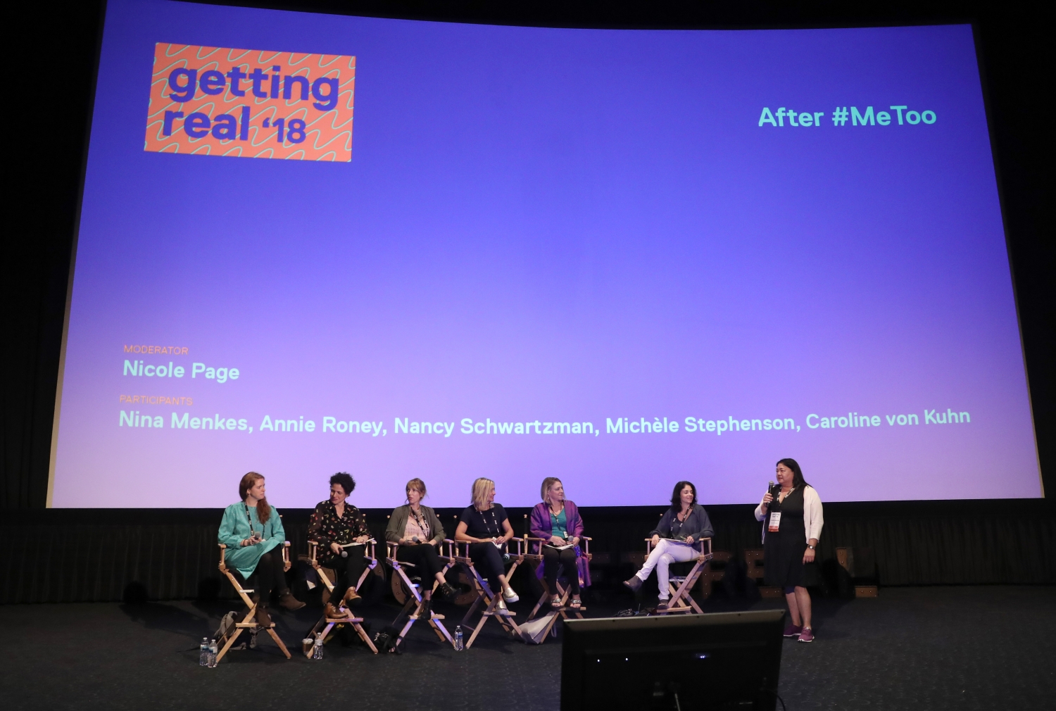 The "After #MeToo" session--Left to right: Carolyn von Kuhn/SFFILM; filmmaker Michele Stephenson; filmmaker Nancy Schwartzman; Annie Roney/ro*co films; filmmaker Nina Menkes; moderator Nicole Page; Claire Aquilar/IDA. Photo by Susan Yin