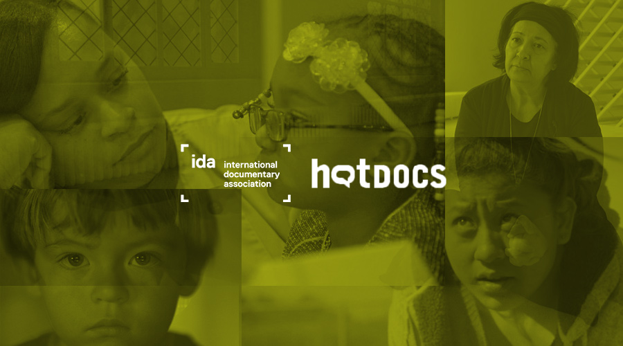 A collage of IDA-supported film stills in black and white with a light green overlay, and the IDA and Hot Docs logos placed on top.