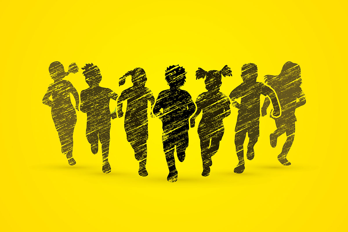 Silhouettes of children running in a group, against a yellow background. Courtesy of the artist, Arak Rattanawijittakorn/Shutterstock.