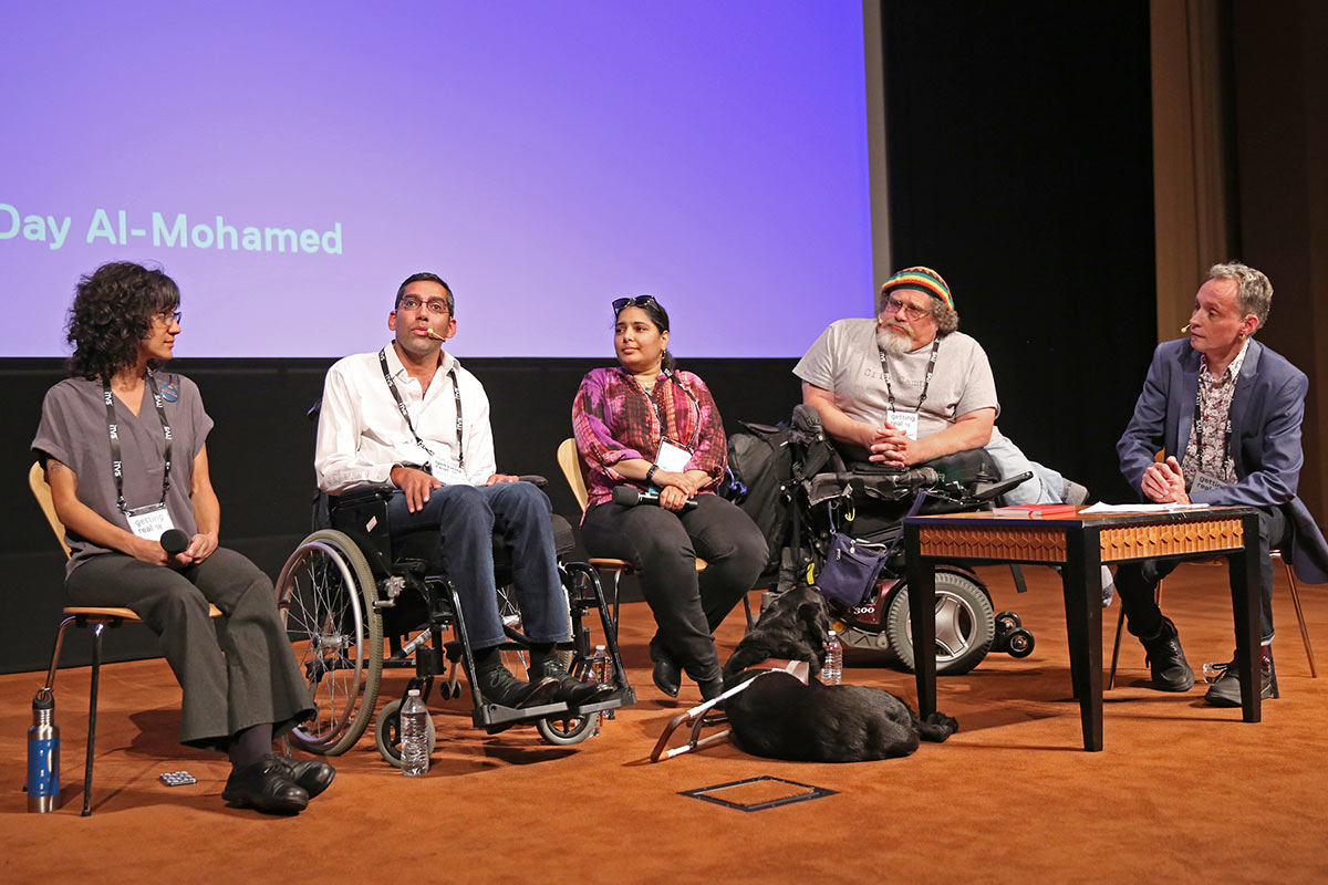 “The Ramp Less Traveled” session at Getting Real 2018, left to right: Filmmaker Cheryl Green ("Who Am I To Stop It"); filmmaker Jason DaSilva ("When We Walk"); filmmaker/disability policy specialist/FWD-Doc Co-Founder Day Al-Mohammed; Fiimmaker/FWD-Doc Co Founder Jim LeBrecht ('Crip Camp"); and moderator Lawrence Carter-Long (Disability Rights education & Defense Fund). Photo: Laura Ahmed