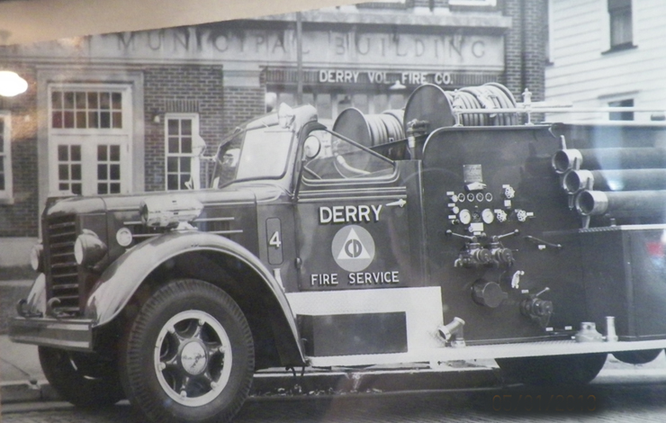 A black and white photo of a Derry fire truck from 'Has Anybody Here Seen Canada A History Of Canadian Movies 1939-1953'.