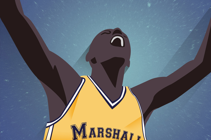 Graphic of a basketball player with both arms up triumphant 