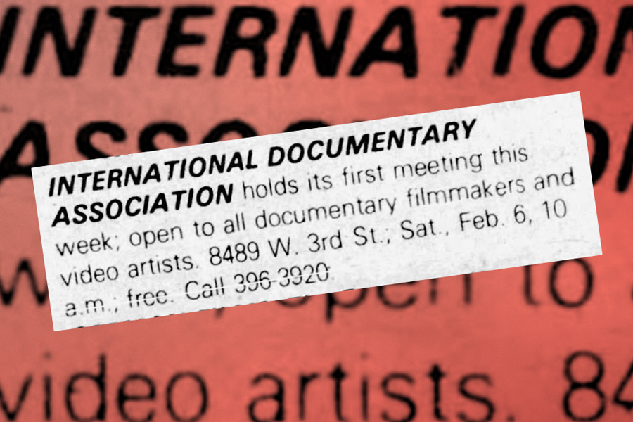 LA WEEKLY newspaper clipping advertising the first meeting of IDA, "open to all documentary filmmakers and video artists"