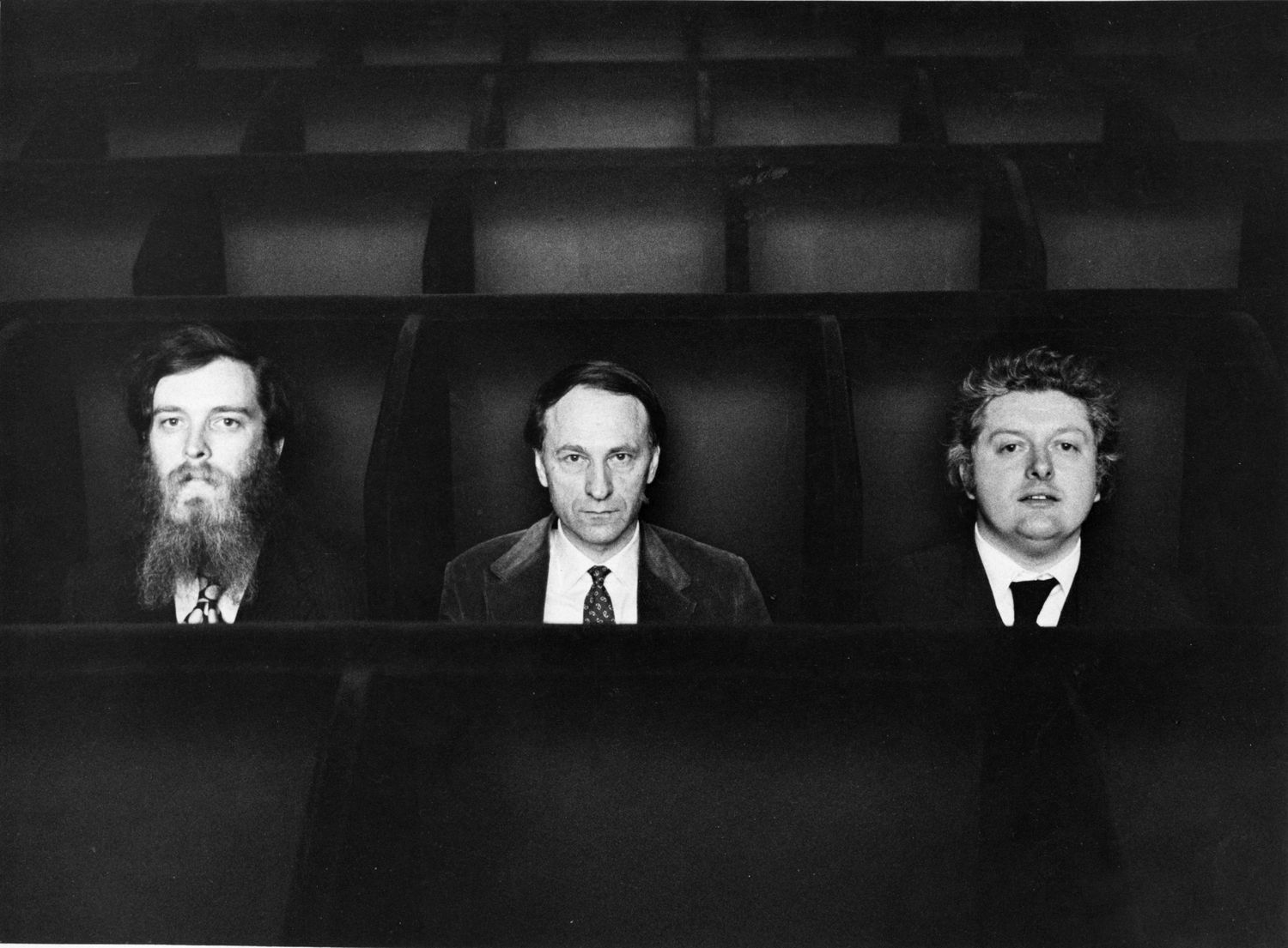 Left to right: P. Adams Sitney, Jonas Mekas and Peter Kubelka at the Invisible Cinema, Anthology Film Archives, 1970. Courtesy of Anthology Film Archives