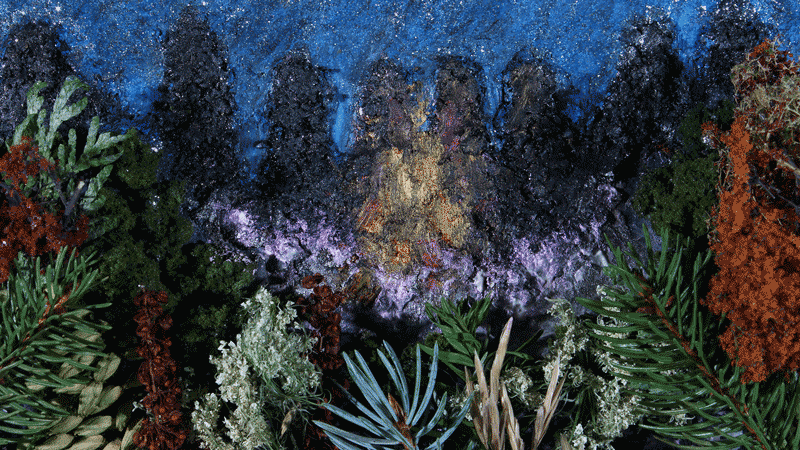 Mixed-media sculptural and painted representation of nature in the night