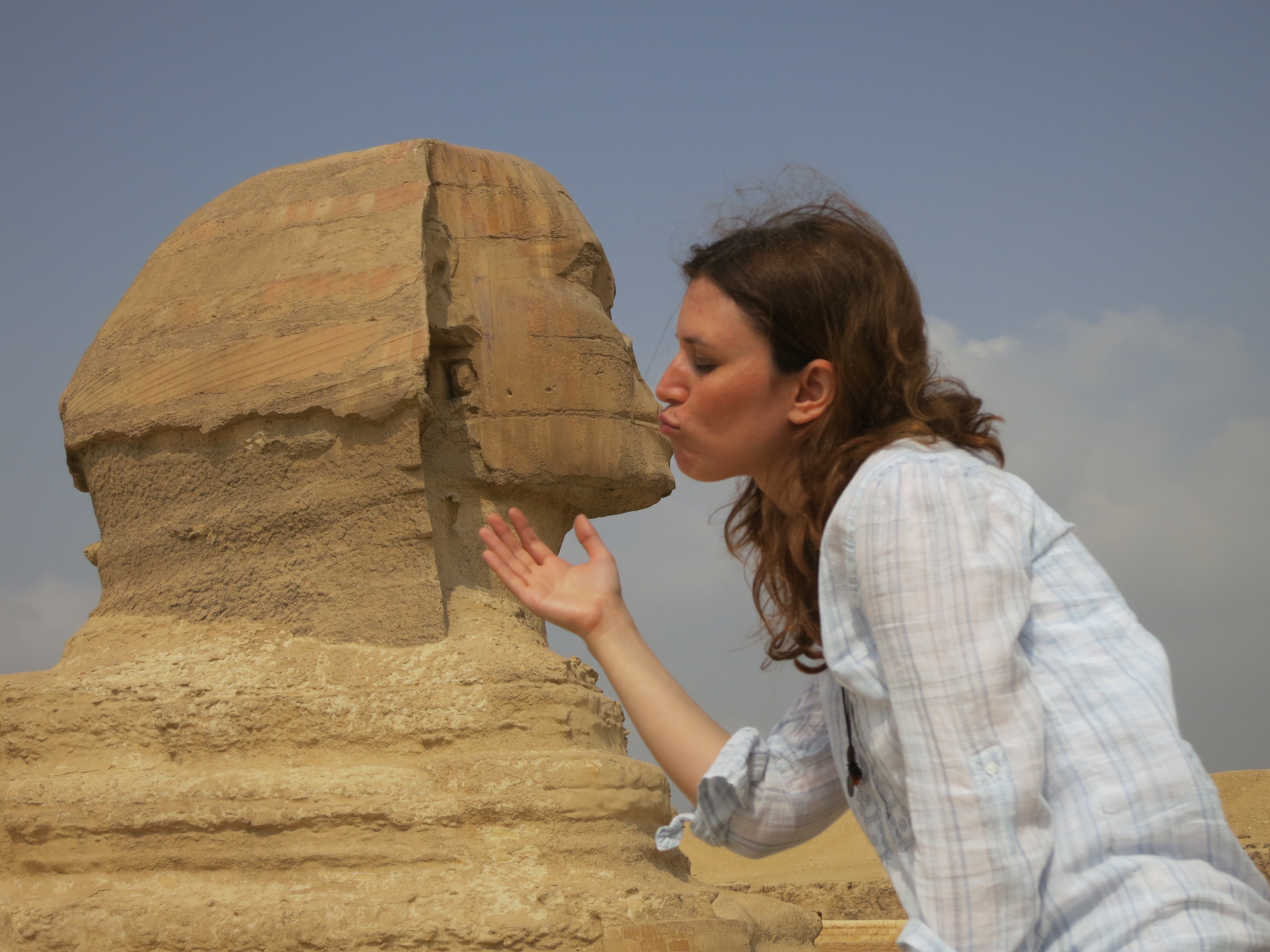 'Tickling Giants' director Sara Taksler in Egypt, with the Sphinx.