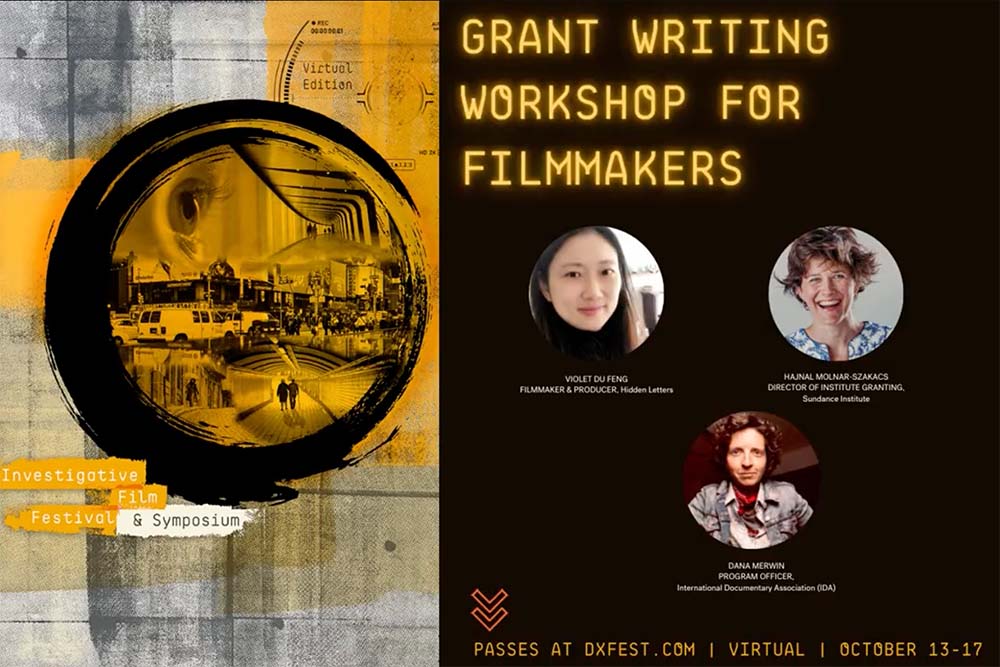 An abstract yellow and black graphic with text reading "grant writing workshop for filmmakers."