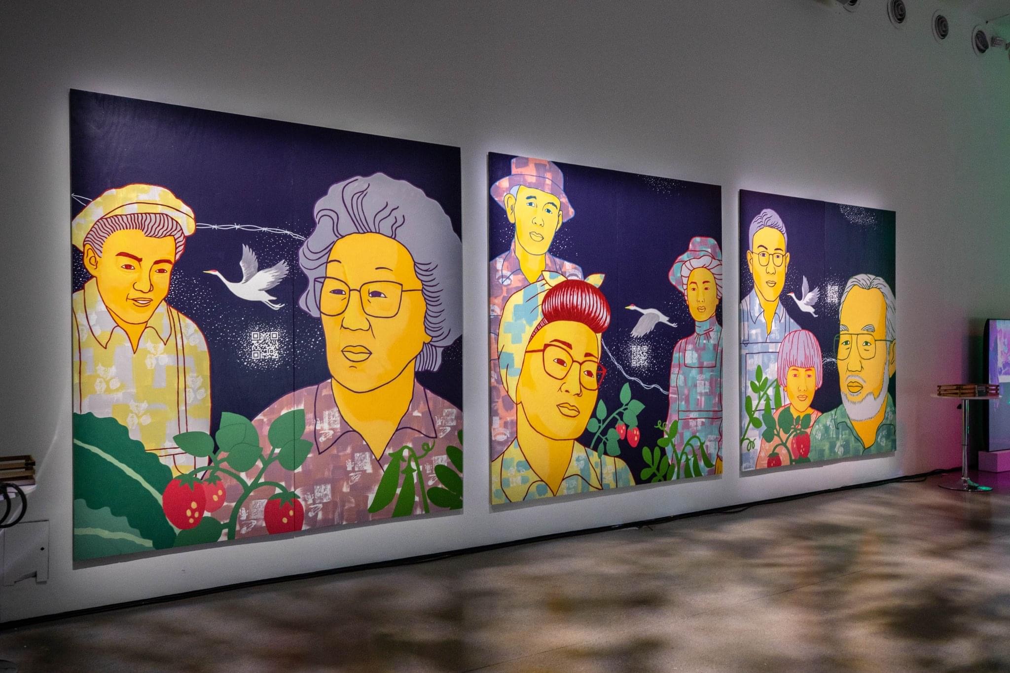A triptych of paintings of a World War II-era Japanese American family, on the wall of a gallery. From 'Emerging Radiance,' created by filmmaker Tani Ikeda and artist Michelle Kumata. Courtesy of Tribeca Festival