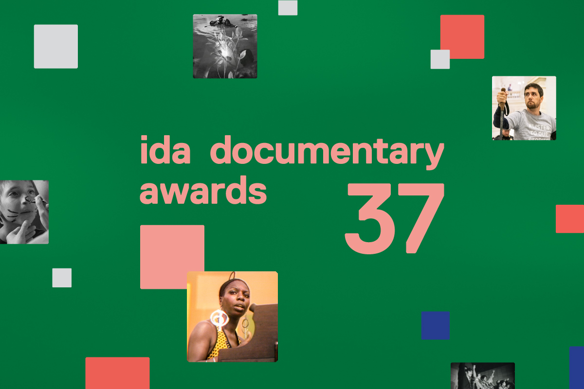 A graphic with several stills in small squares from nominated films. Text reads "ida documentary awards 37".