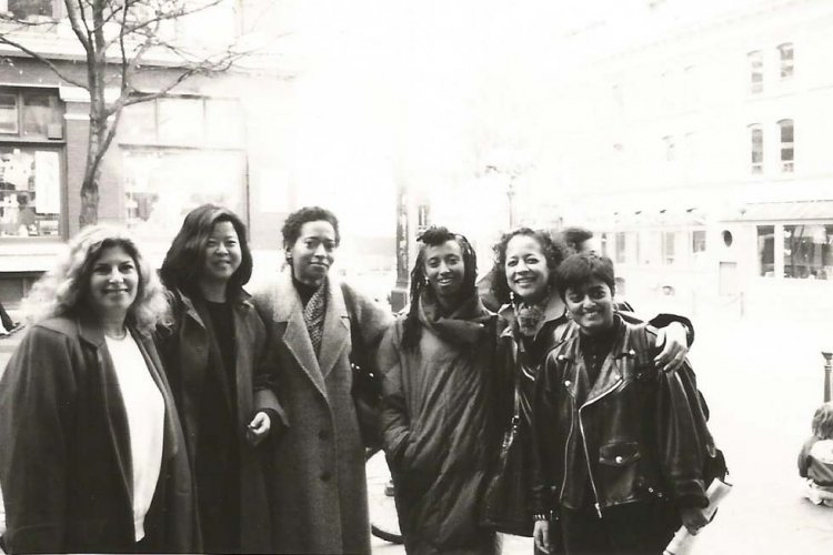 An archival image from In Visible Colors, a film festival and conference dedicated to the work of women of color held in 1988. In the photo are Debra Zimmerman, Midi Odera, Pat Saunders,  Pratibha Parmar, and Michelle Materre. Courtesy of Debra Zimmerman.