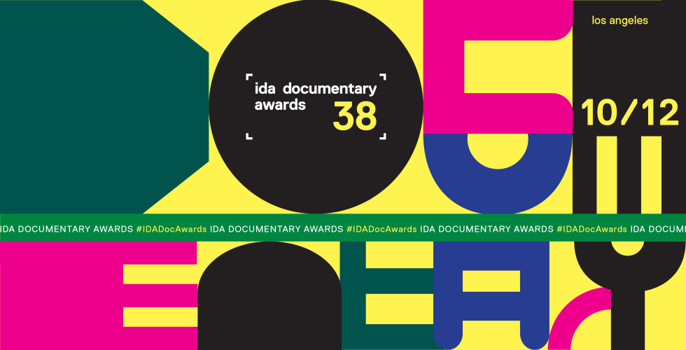 Colorful graphic flyer for the 38th IDA Documentary Awards, December 10, 2022. 