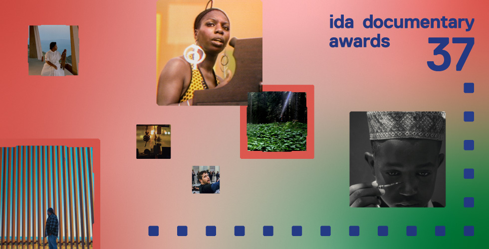 IDA Documentary Awards 37 with large dotted squares around 2 sides of the rectangle. On top, 8 film stills in bounding graphics