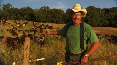 A middle-aged white man in a green tshirt, suspenders, jeans, and a white cowboy hat stands in front of a farm filled with cows