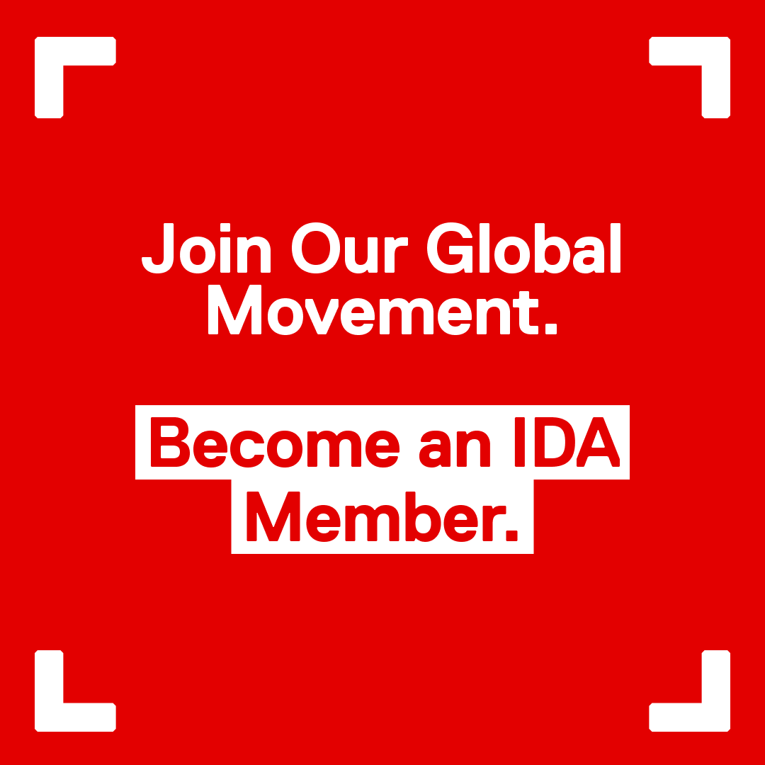 Red square, white text. Join our global movement. Become an IDA member.
