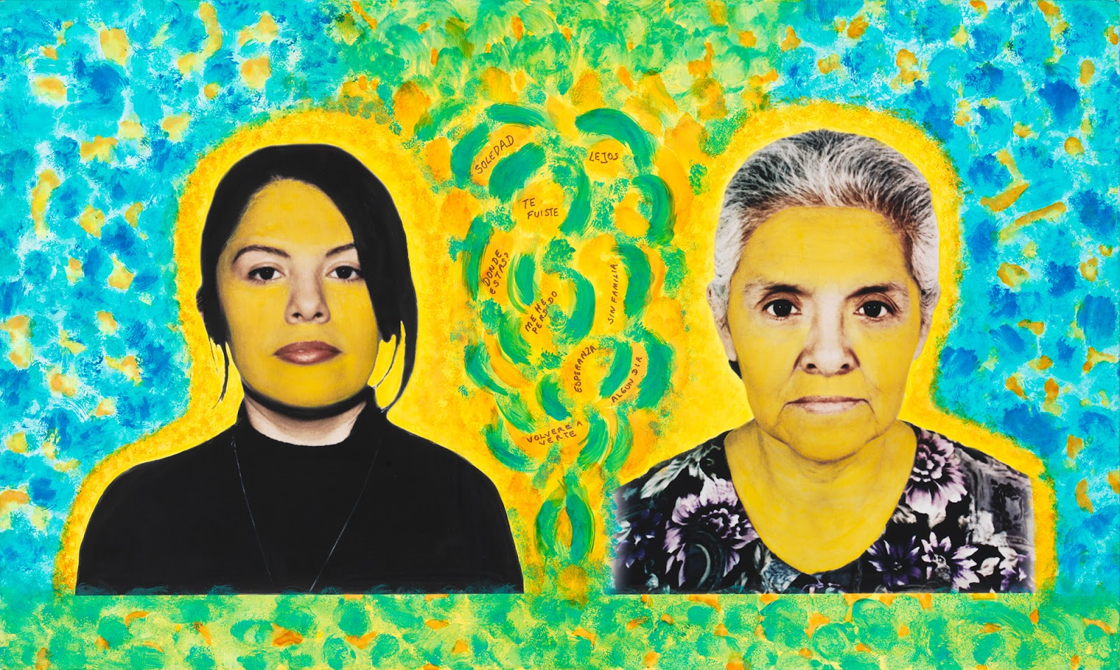 The color portraits of two women, Mabel and her mother, their faces painted in yellow stand against a vibrant, painterly background showcasing blue, green, yellow, and orange hues.