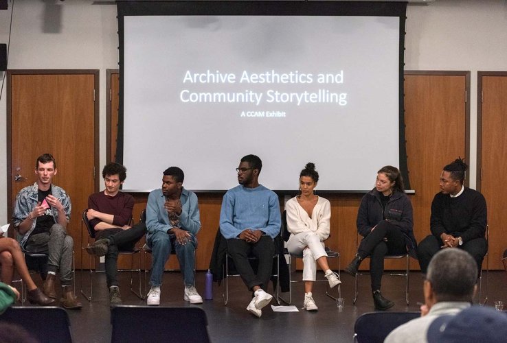 A mixed group of six students in conversation at Yale's Institute for Storytelling. They are all seated on chairs. Courtesy of Thomas Allen Harris.