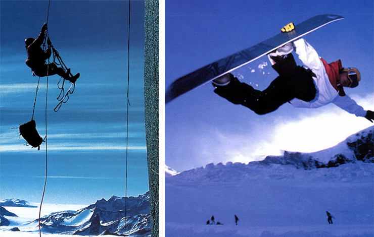 Left: A mountaineer repels down the side of a cliff. Right: A snowboarder. Courtesy of WME