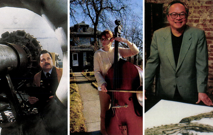 From left to right: Actor portraying aviation pioneer Frank Whittle in Carl Byker's <em>Chasing the Sun</em>, photo: Ken Green; high school student Kaytee of R.J. Cutler's <em>American High</em>, photo: Actual Reality Pictures; Artist Mel Chin of Hart Perry and Michael Owen'.s Contested Ground: American Art in the 20th Century, photo: Don Perdue.