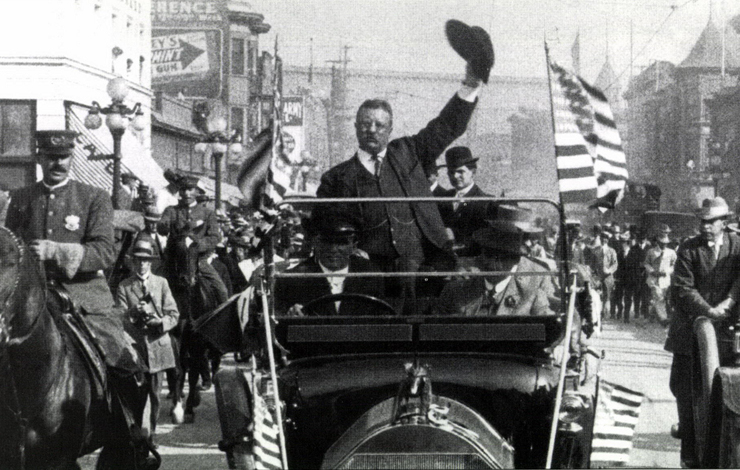 Theodore Roosevelt campaigning as Progressive Party candidate, in downtown Los Angeles, September 16, 1912. 35mm frame blowup, from Harrison Engle's <em>The Indomitable Teddy Roosevelt</em>. Photo courtesy of Signal Hill Entertainment.