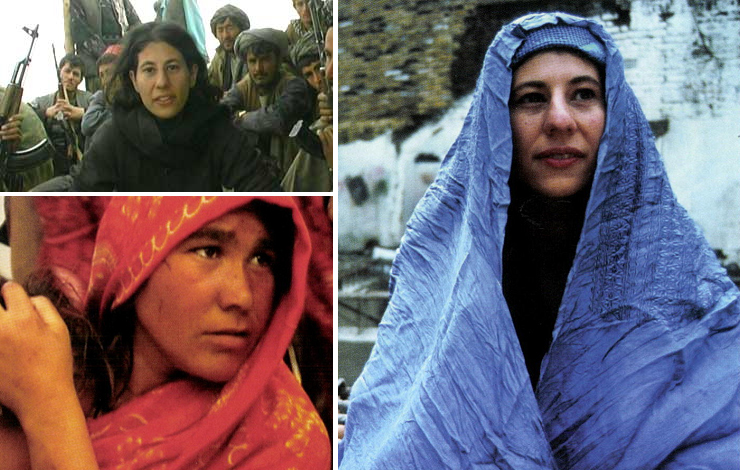 Clockwise, from top: Journalist Saira Shah with Northern Alliance soldiers in Afghanistan, from <em>Unholy War</em>; Journalist Saira Shah; From <em>Unholy War</em>.