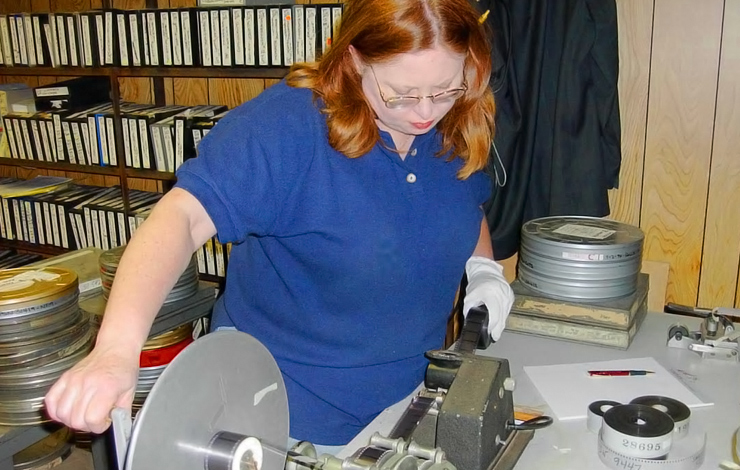 Barbara Leigh Gregson researching archival footage at the Grinberg Film Library. Photo: Rafael Madrigal