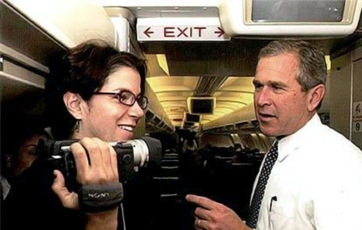 Filmmaker Alexandra Pelosi and 200 presidential candidate Governor George W. Bush in 'Journeys with George.' Courtesy of HBO.