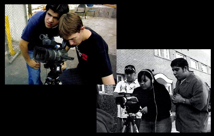 Left: Raman Sarabdaolla and Jeffery Jackson, students at Grover Cleveland High School in Los Angeles, as part of IDA's DOCS ROCK program. Photo: Cathee Cohen. Right: San Pedro (LA) High School students Giancarlo Scotti, Tina Nottingham and friend shooting a doc.