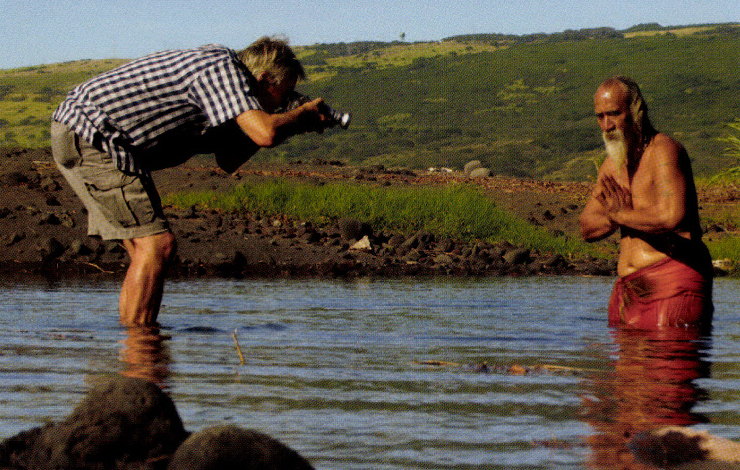 Wolfgang Hastert filming Able, a local Hawaiian man, on a beach bear South Point, Big Island of Hawaii. From Hastert's film 'Hawaiian Shirts -- Happy Stories on Fabric' which he made for ZDF/ARTE. Courtesy of Wolfgang Hastert Films