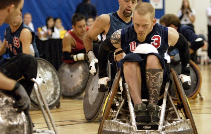 US Paralympic Rugby Team Captain Mark Zupan (center) and teammates in 'Murderball,' released theatrically this summer by THINKFilm. Photo: Jack Rowand.