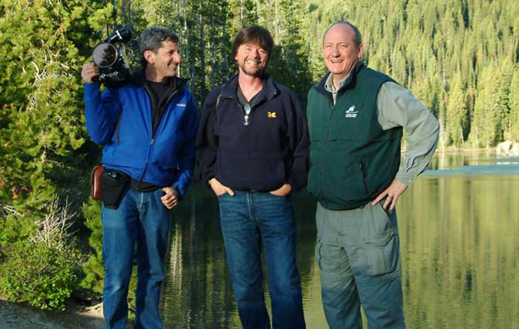 Left to right: Buddy Squires, Ken Burns and Dayton Duncan filming at Grand Teton National Partk, Wyoming, for a documentary about America's Parks