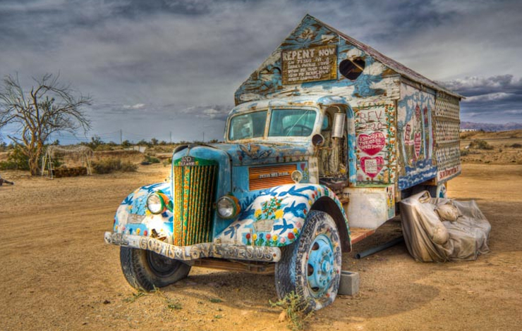 'Off the Map,' an ITVS Interactive Project created and produced by Lisa Ko, gives visitors a chance to build a paradise of their own online. Pictured here is Leonard Knight's truck and home at Salvation Mountain in Slab City, California.