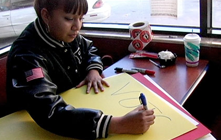 A volunteer on the Pine Ridge Reservation prepares to mobilizes Native American voters on November 2, 2004. From <em>Election Day</em> (2007).