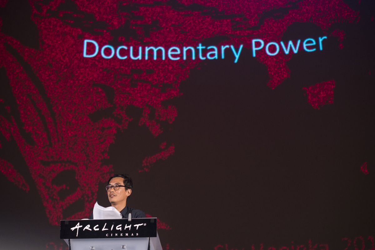 The Ford Foundation's Chi-hui Yang delivers his keynote address at the 2018 Getting Real. Photo: Todd Williamson.