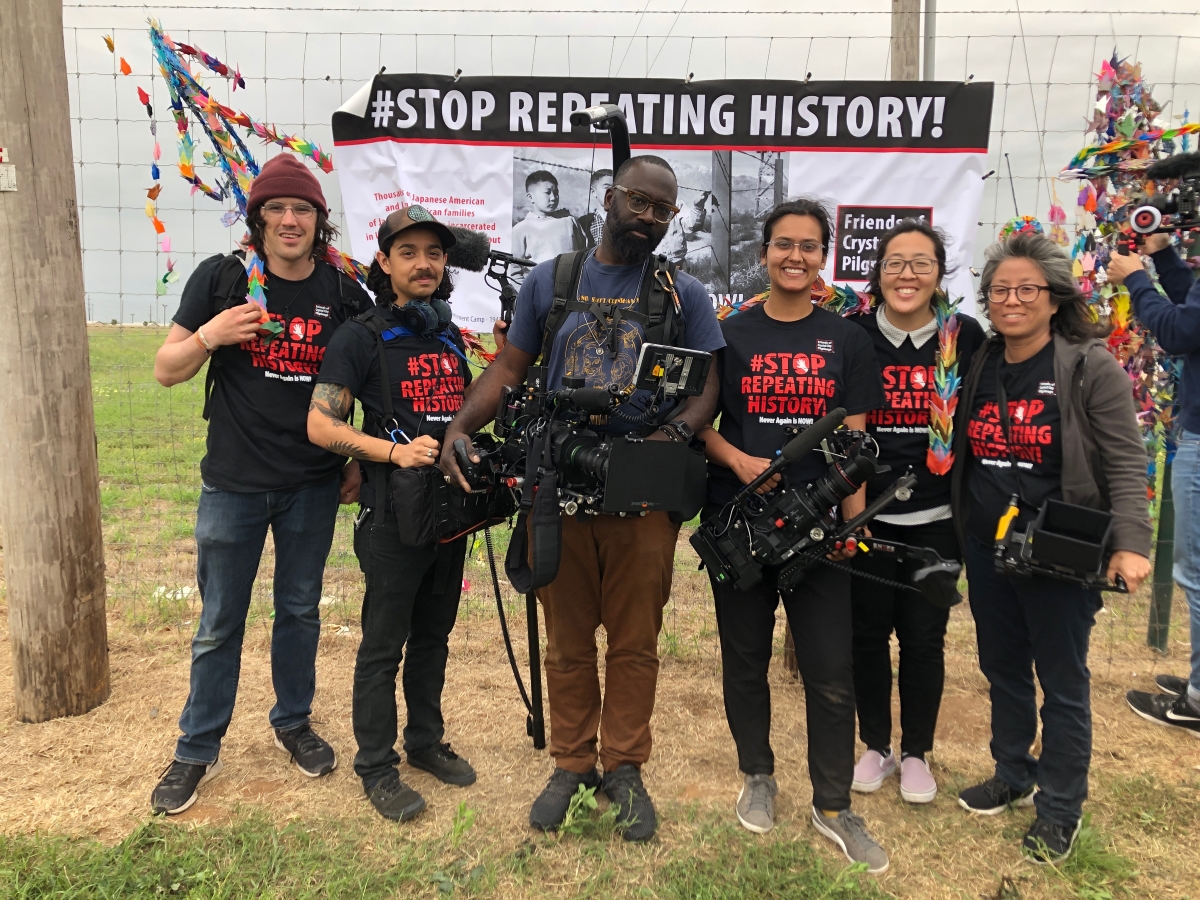 Grace Lee (right) with her crew, shooting Episode 4 of 'Asian Americans' at Crystal City TX Detention Center Rally. Courtesy of 'Asian Americans.' 