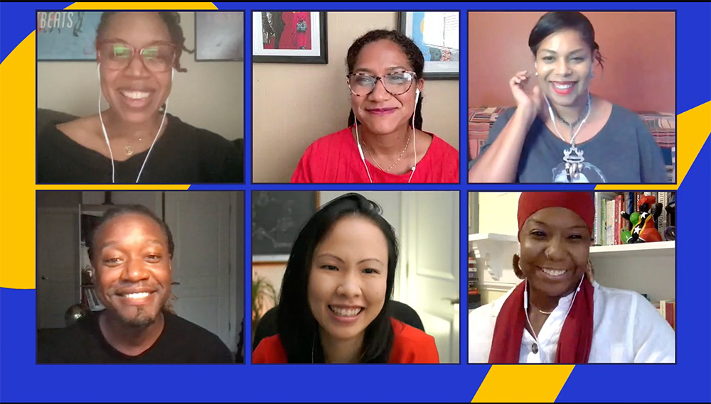 Six panelists at BlackStar’s 'R-E-S-P-E-C-T: Balancing Power and Care in Doc Filmmaking' panel. They are all smiling and looking at the camera. Courtesy of BlackStar Film Festival.